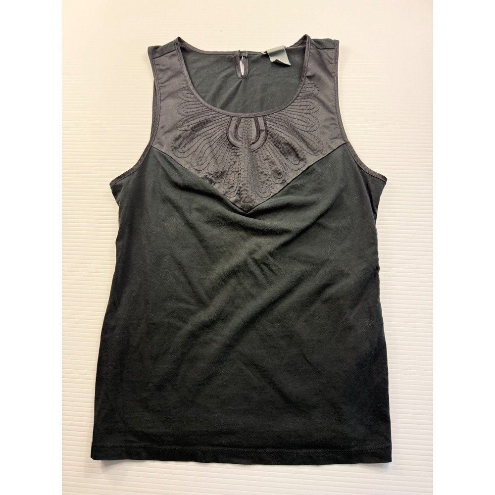 Ann Taylor Black Sleeveless Tank Top Embroidered Satin Yoke Keyhole Back Small